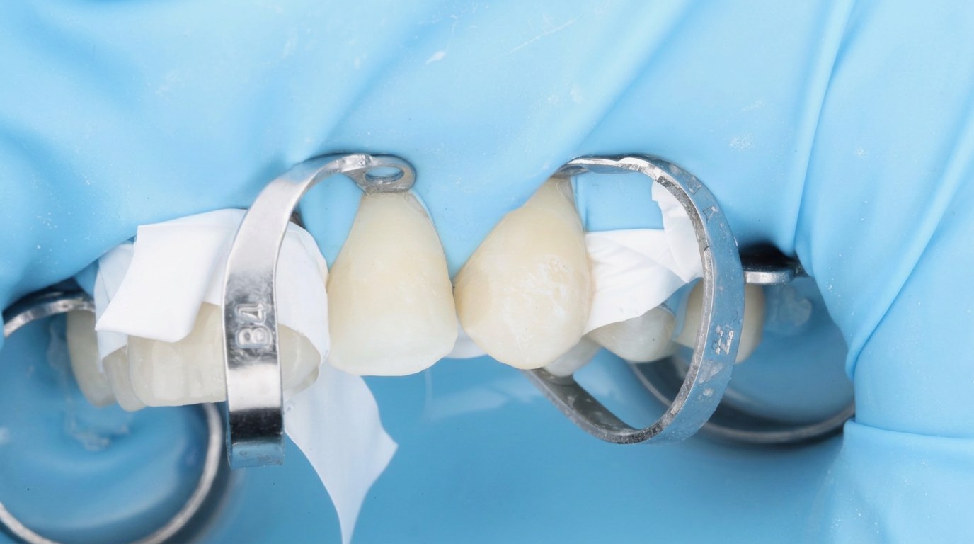 Porcelain veneers in place between sectional matrices and separators.